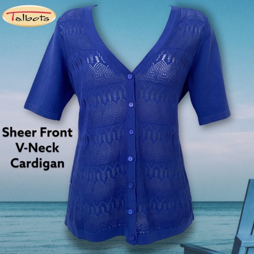 Sheer Knit Short Sleeve Button‎ Up V-Neck Cardigan By Talbots In Royal Blue